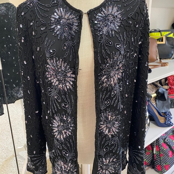 Vintage Silk Beaded Evening Jacket Sz Medium sequin 90s 80s Black - Picture 3 of 10